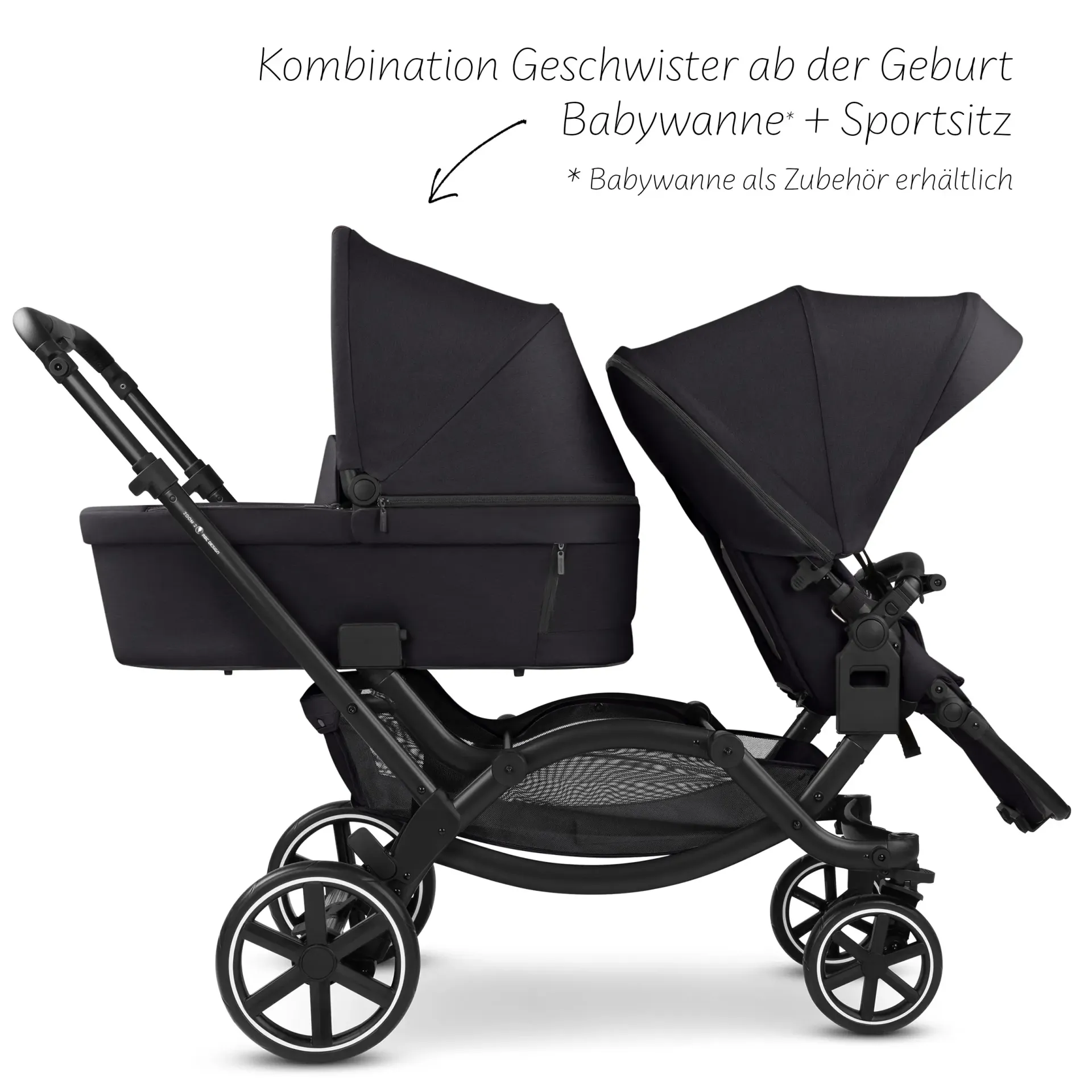 flexibler geschwisterwagen mit babywanne und sportsitz hintereinader