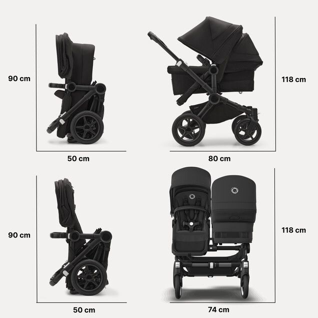 Bugaboo Donkey5 Duo Geschwisterwagen Schwarz/Mitternachtsschwarz inkl. CYBEX Cloud T i-Size Sepia Black, Bugaboo Adapter & CYBEX Sommerbezug 