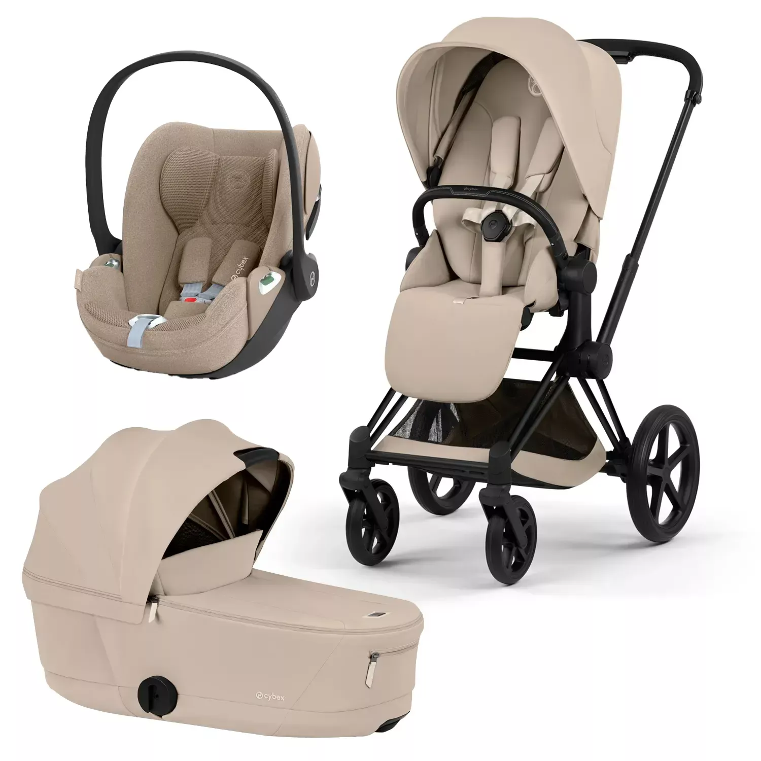 Cybex Priam Komfort Kinderwagen Set 4in1 Matt Black / Cozy Beige inkl. Cloud T Plus Cozy Beige und Base T