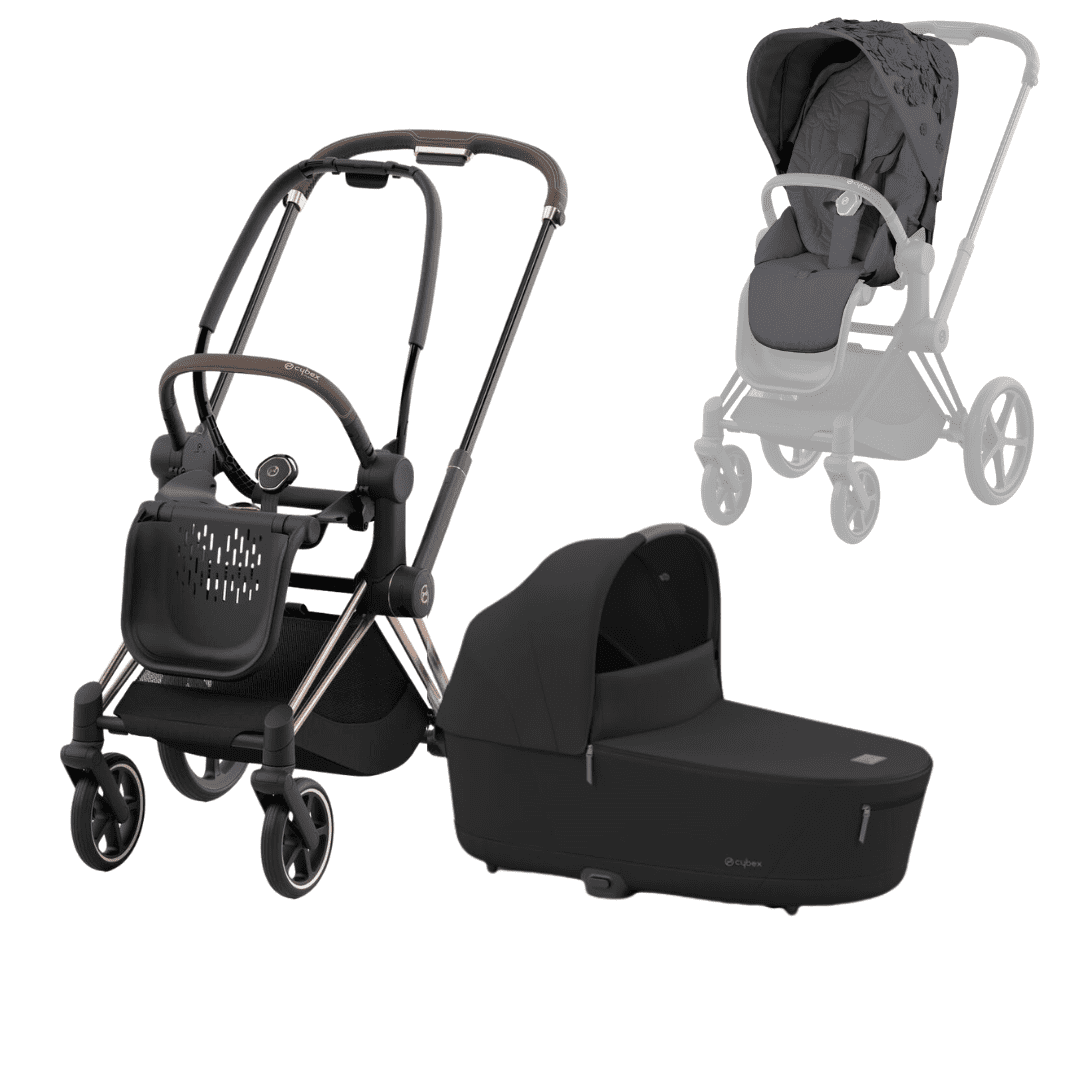 CYBEX PRIAM Kombikinderwagen Rosegold mit Babywanne Sepia Black und Seat Pack Simply Flowers Grey