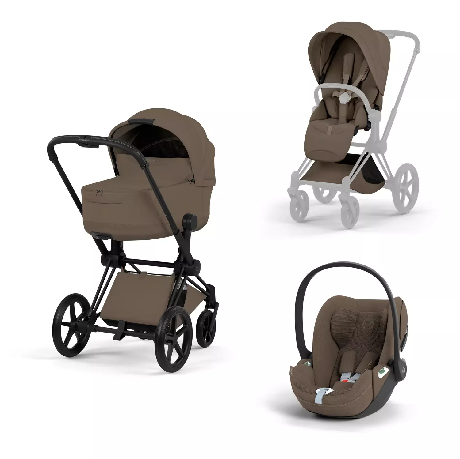 Cybex e-Priam Komfort Kinderwagen Set 4in1 Matt Black/ Coconut Brown inkl. Cloud T Plus Coconut Brown und Base T