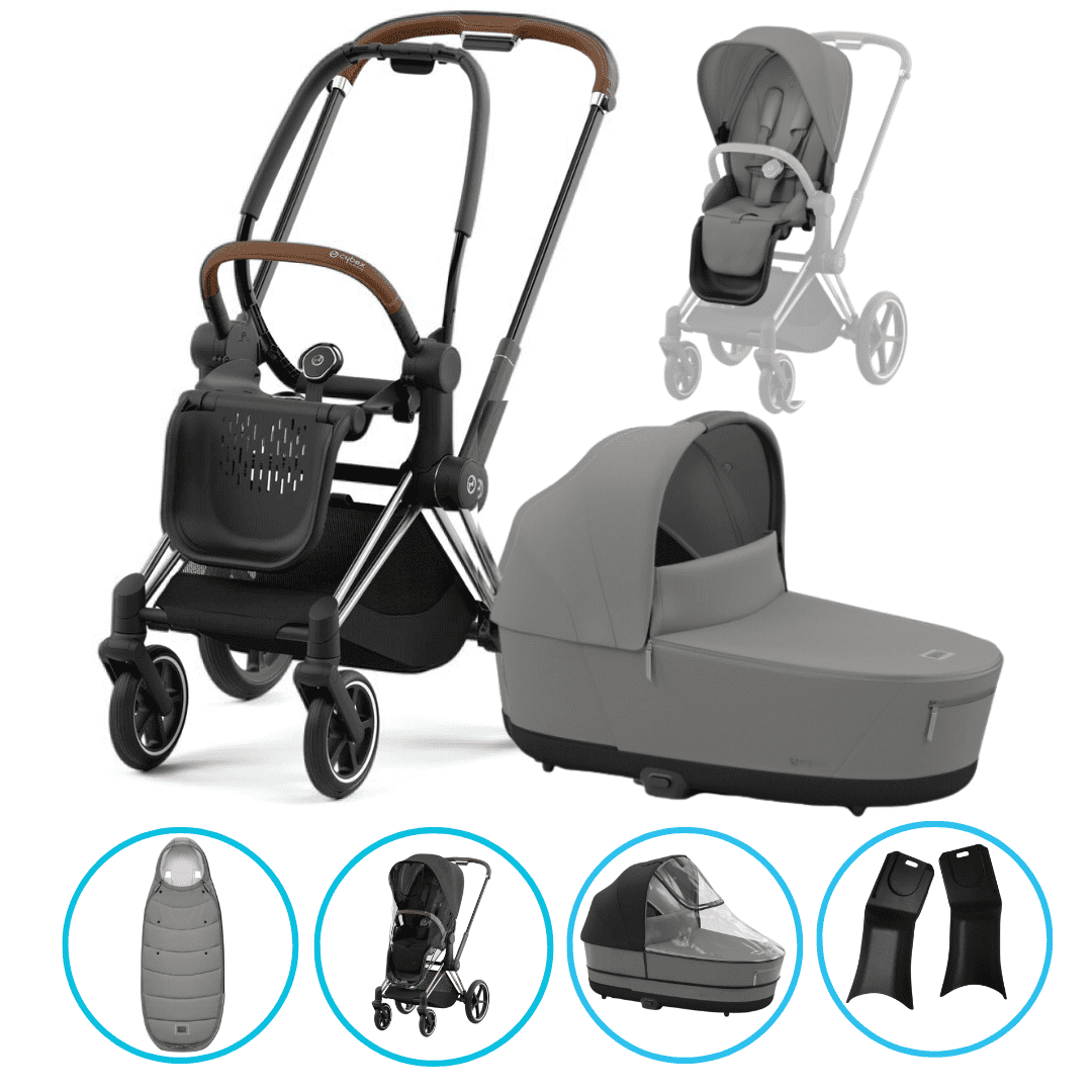 CYBEX PRIAM Kombikinderwagen Chrome Braun/Mirage Grey inkl. CYBEX Platinum Fußsack Mirage Grey
