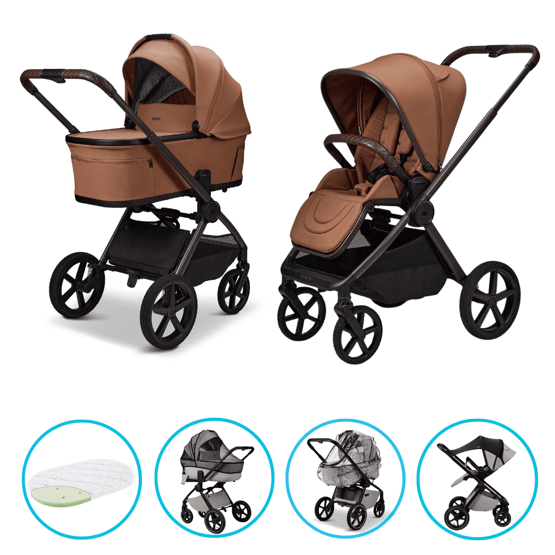 Moon GIO Fold Kombikinderwagen Cognac mit Lightweight-Rädern inkl. GRATIS Sonnensegel, Regenverdeck und Mückennetz