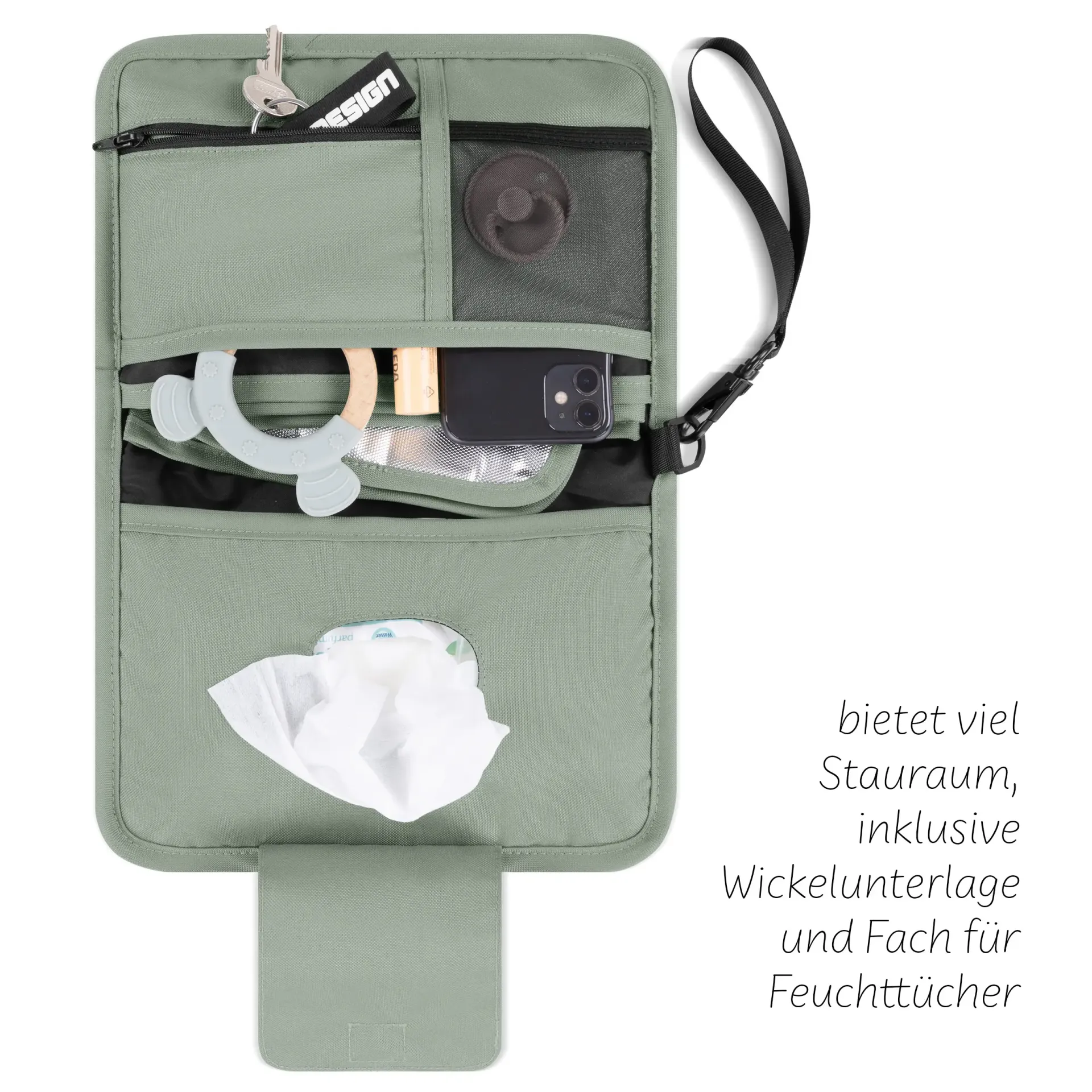 pastellgrüne wickelorganizer mit feuchtetücherfach