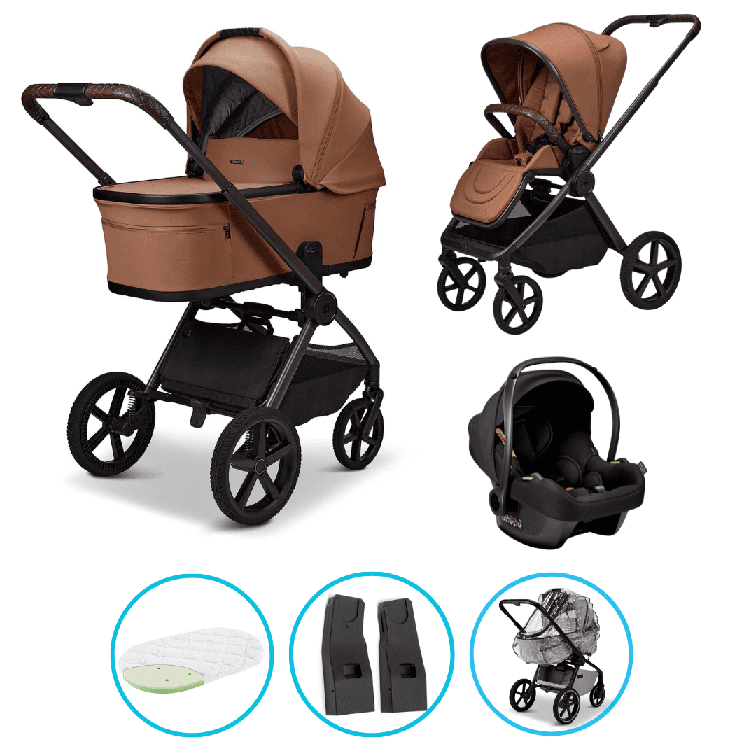 Moon GIO Fold 3in 1 Kombikinderwagen Cognac mit Babyschale Cosmo 2.0 und Lightweight-Rädern inkl. GRATIS Regenverdeck