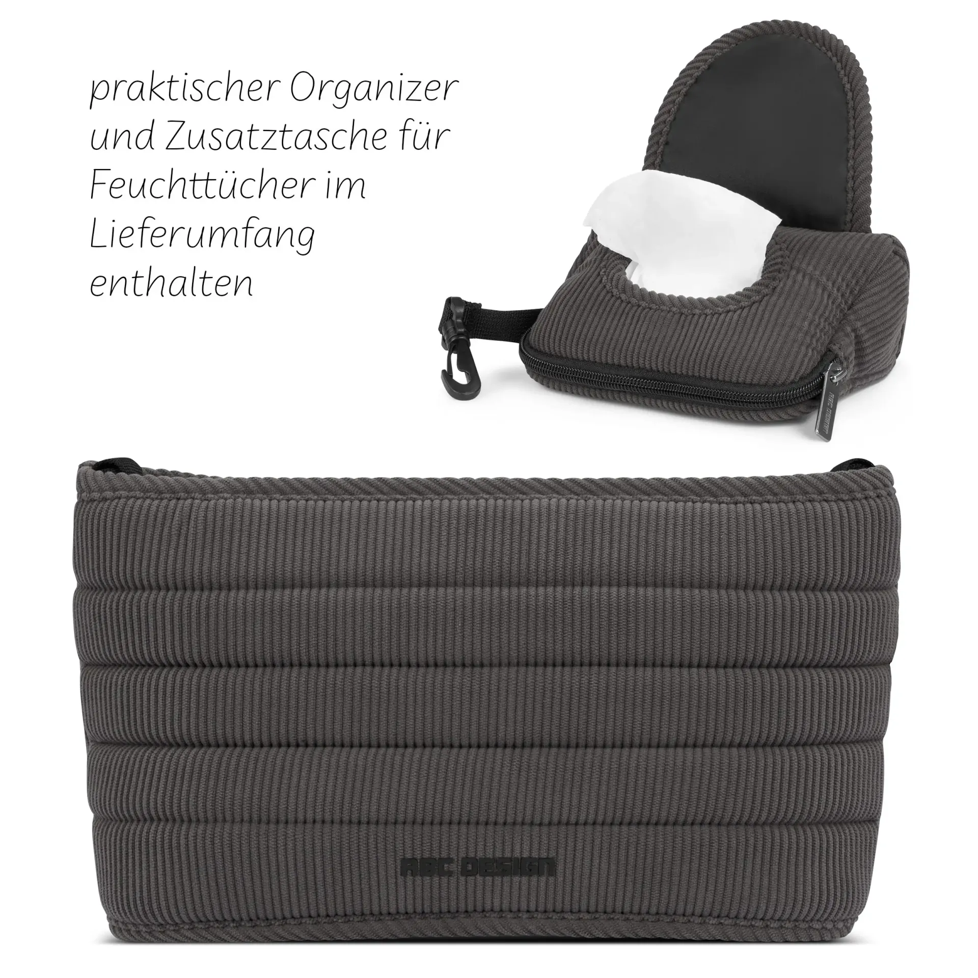 organizer mit praktischer zusatztasche für feuchttücher in dunkelgrau organizer mit praktischer zusatztasche für feuchttücher in dunkelgrau