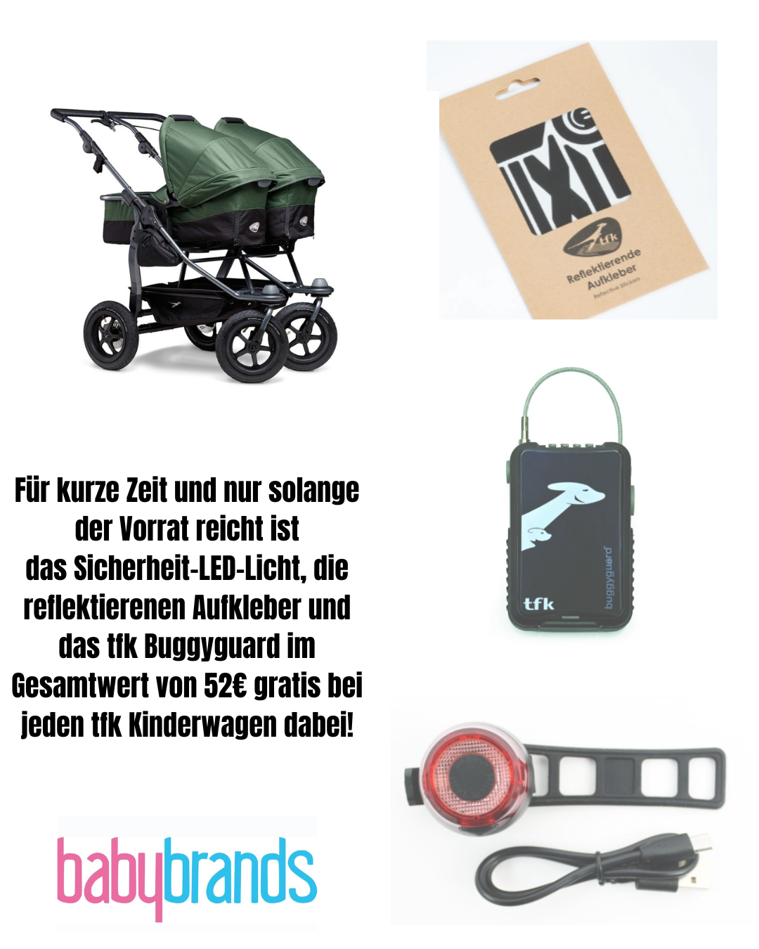 TFK duo 2 Zwillingswagen - Luftkammerräder Olive (inkl. Sicherheitskit bis zum 31.07.2025)
