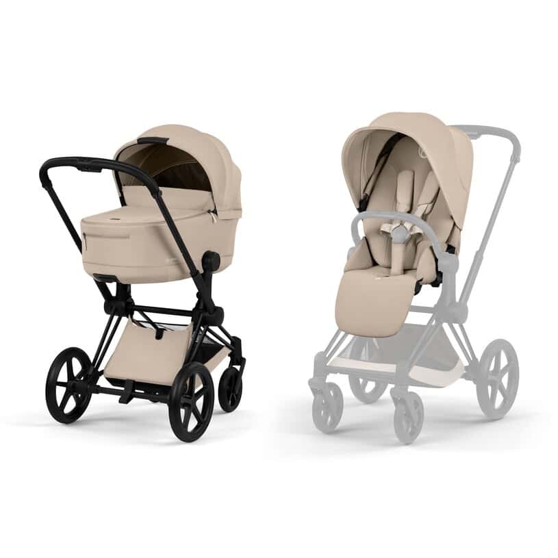Cybex Priam Komfort Kinderwagen Set 4in1 Matt Black / Cozy Beige inkl. Cloud T Plus Cozy Beige und Base T
