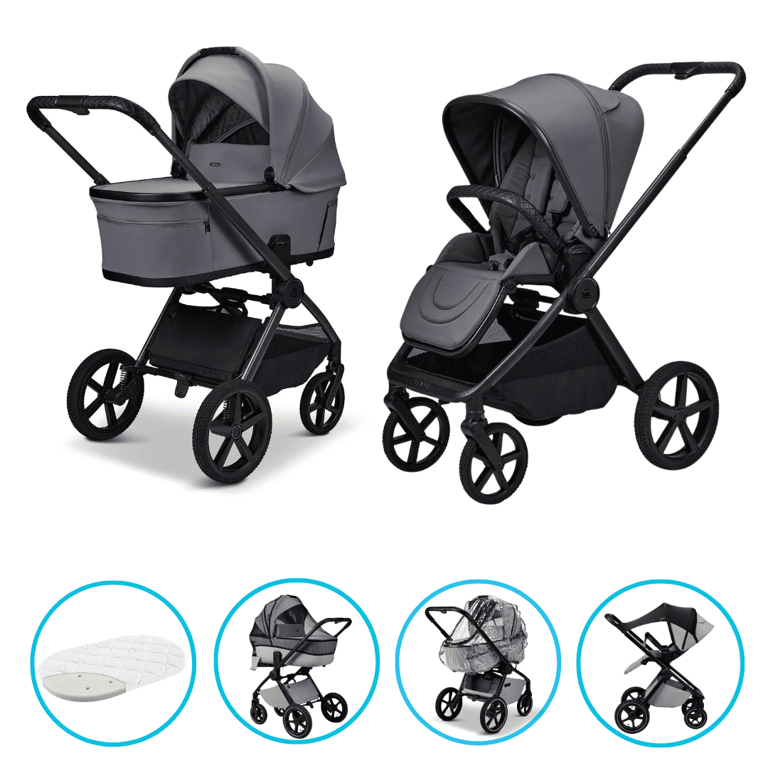 Moon GIO Fold Kombikinderwagen Graphite mit Lightweight-Rädern inkl. GRATIS Sonnensegel, Regenverdeck und Mückennetz