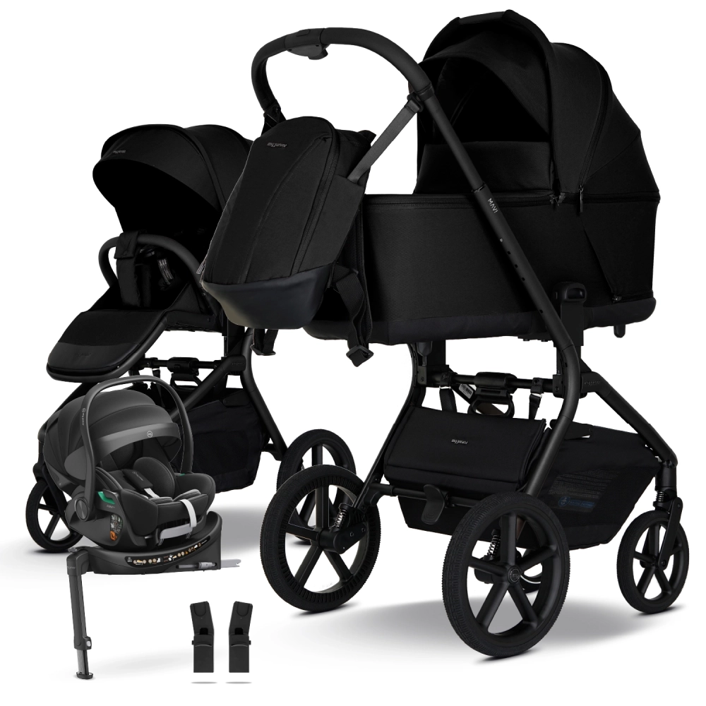 my junior MAVI 5in1 Kinderwagen-Set Pure Black inkl. AURA ergo 2 Schwarz und Base Capsule