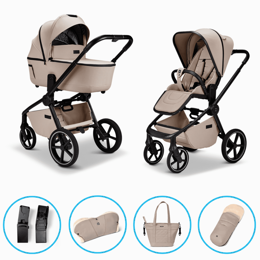 Moon RESEA 2.0 Kombikinderwagen Sand inkl. GRATIS Wickeltasche, Fußsack, Handmuff und Adapter