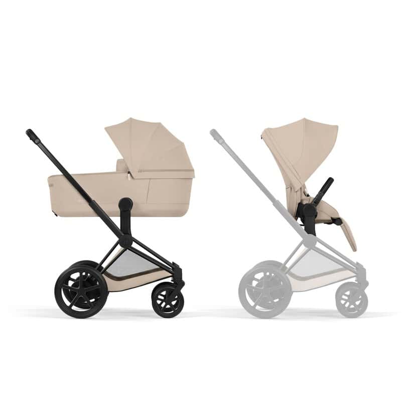 Cybex e-Priam Komfort Kinderwagen Set 3in1 Matt Black / Cozy Beige inkl. Cloud T Plus Cozy Beige