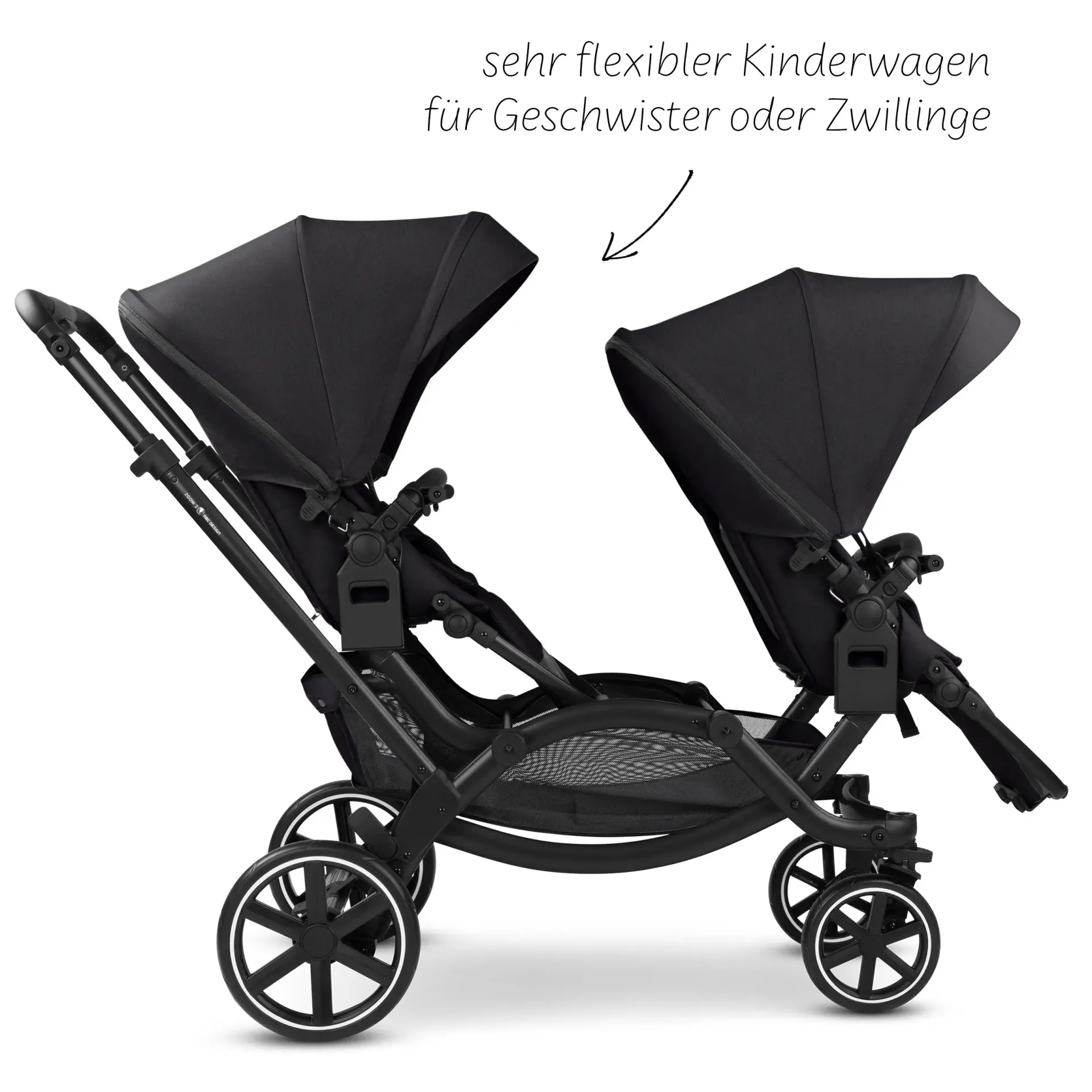 flexibler geschwisterwagen mit zwei sportsitzen hintereinander