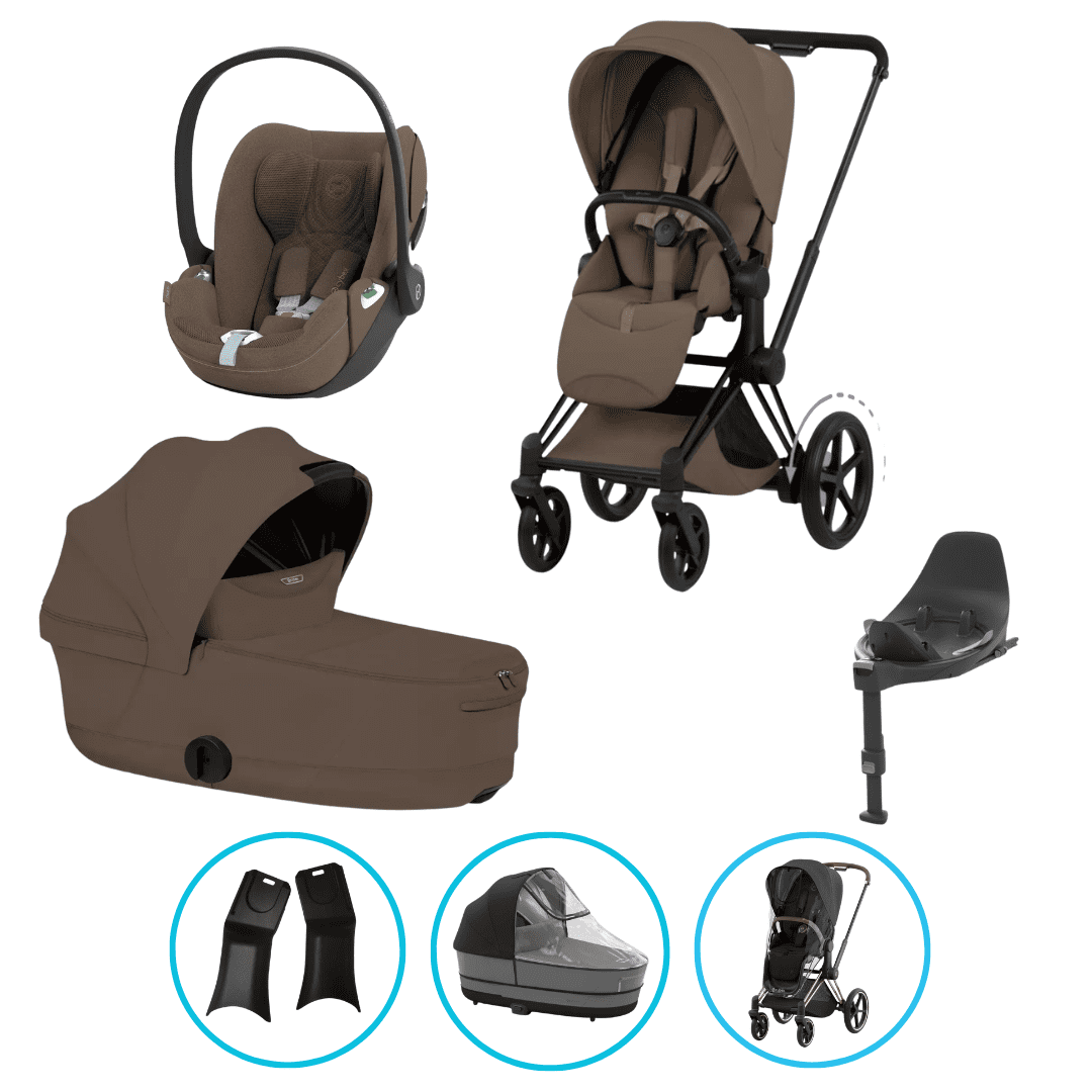 Cybex Priam Komfort Kinderwagen Set 7in1 Matt Black / Coconut Brown inkl. Cloud T Plus Coconut Brown und Base T
