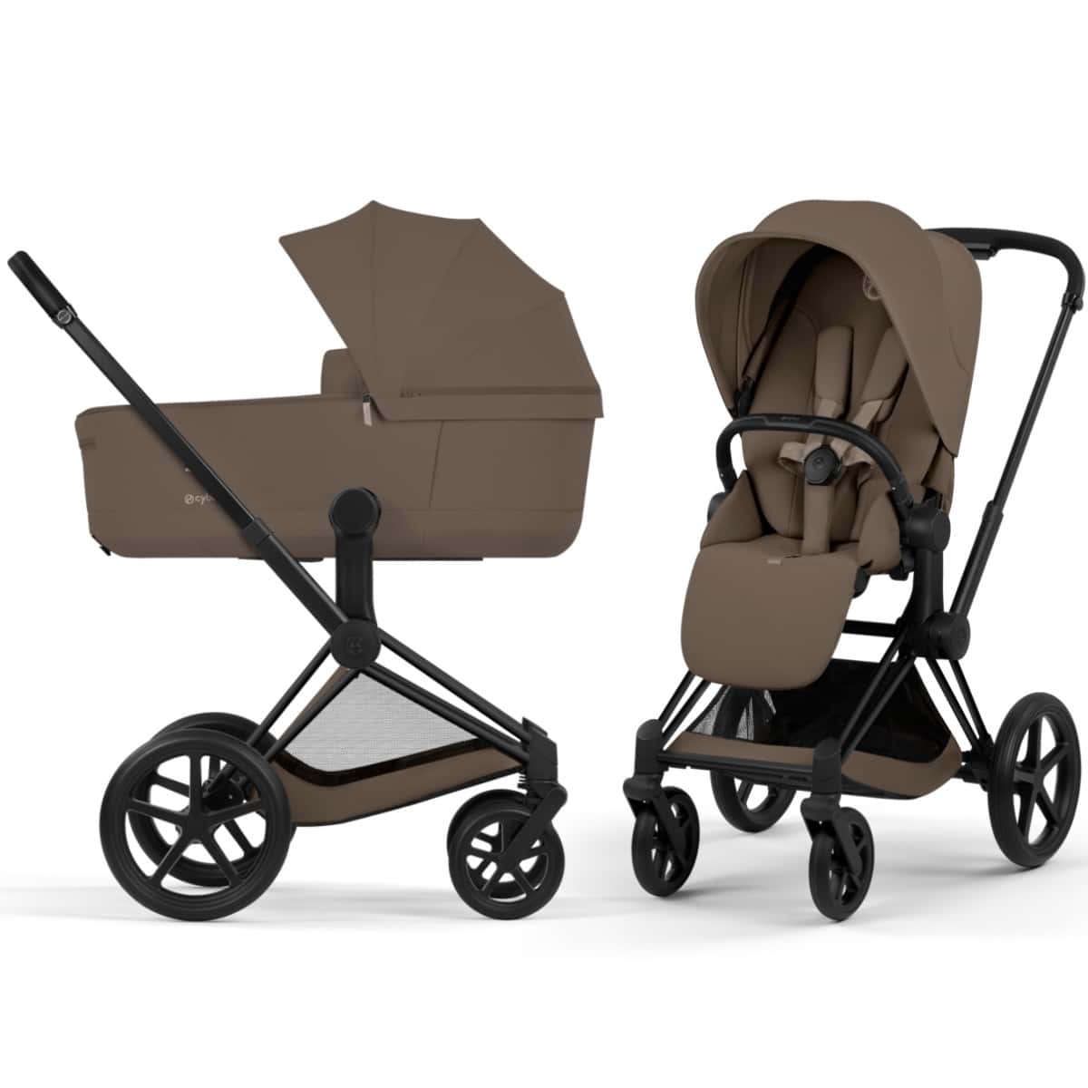 Cybex Priam Komfort Kinderwagen Set 4in1 Matt Black / Coconut Brown inkl. Cloud T Plus Coconut Brown und Base T