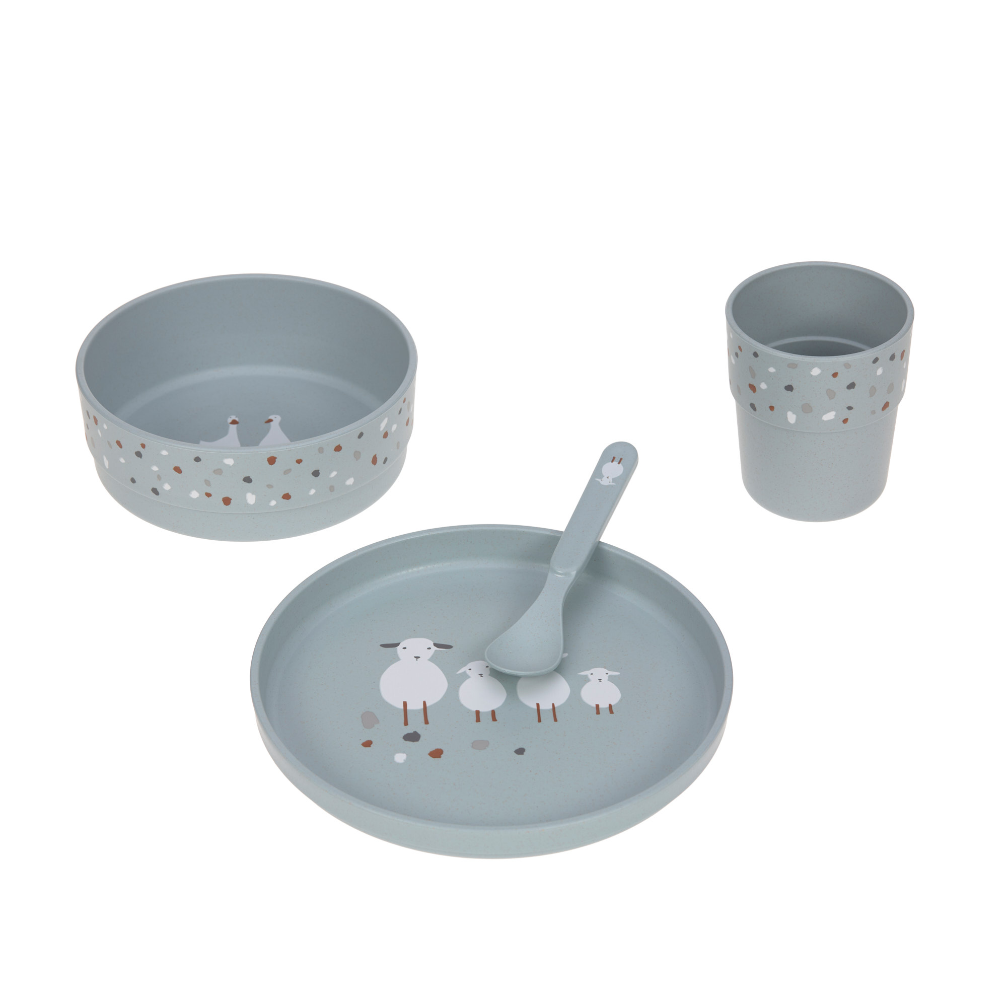 Lässig Kindergeschirr Set (Teller - Schüssel - Becher - Löffel) - Tiny Farmer Sheep/Goose blue Lässig Kindergeschirr Set (Teller - Schüssel - Becher - Löffel) - Tiny Farmer Sheep/Goose blue