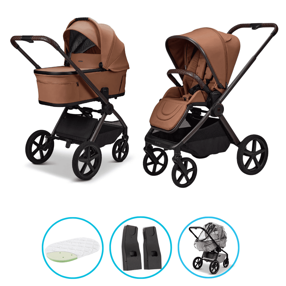 Moon GIO Fold Kombikinderwagen Cognac mit Lightweight-Rädern inkl. GRATIS Adapter und Regenverdeck