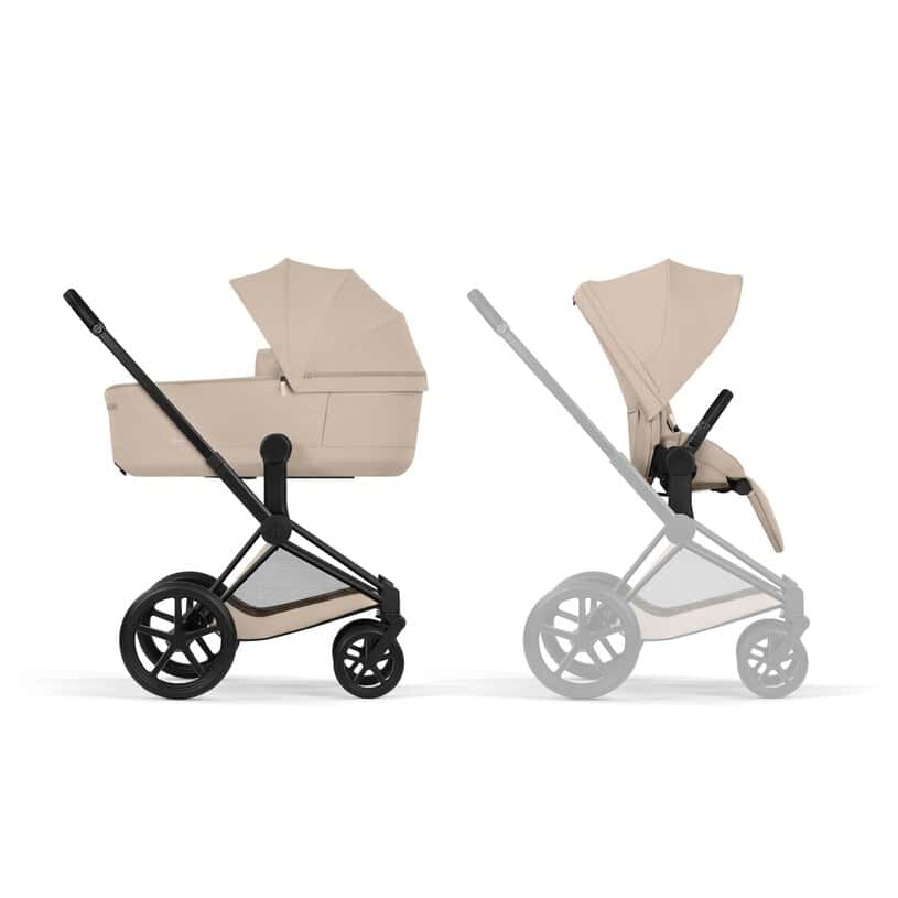 Cybex Priam Komfort Kinderwagen Set 4in1 Matt Black / Cozy Beige inkl. Cloud T Plus Cozy Beige und Base T