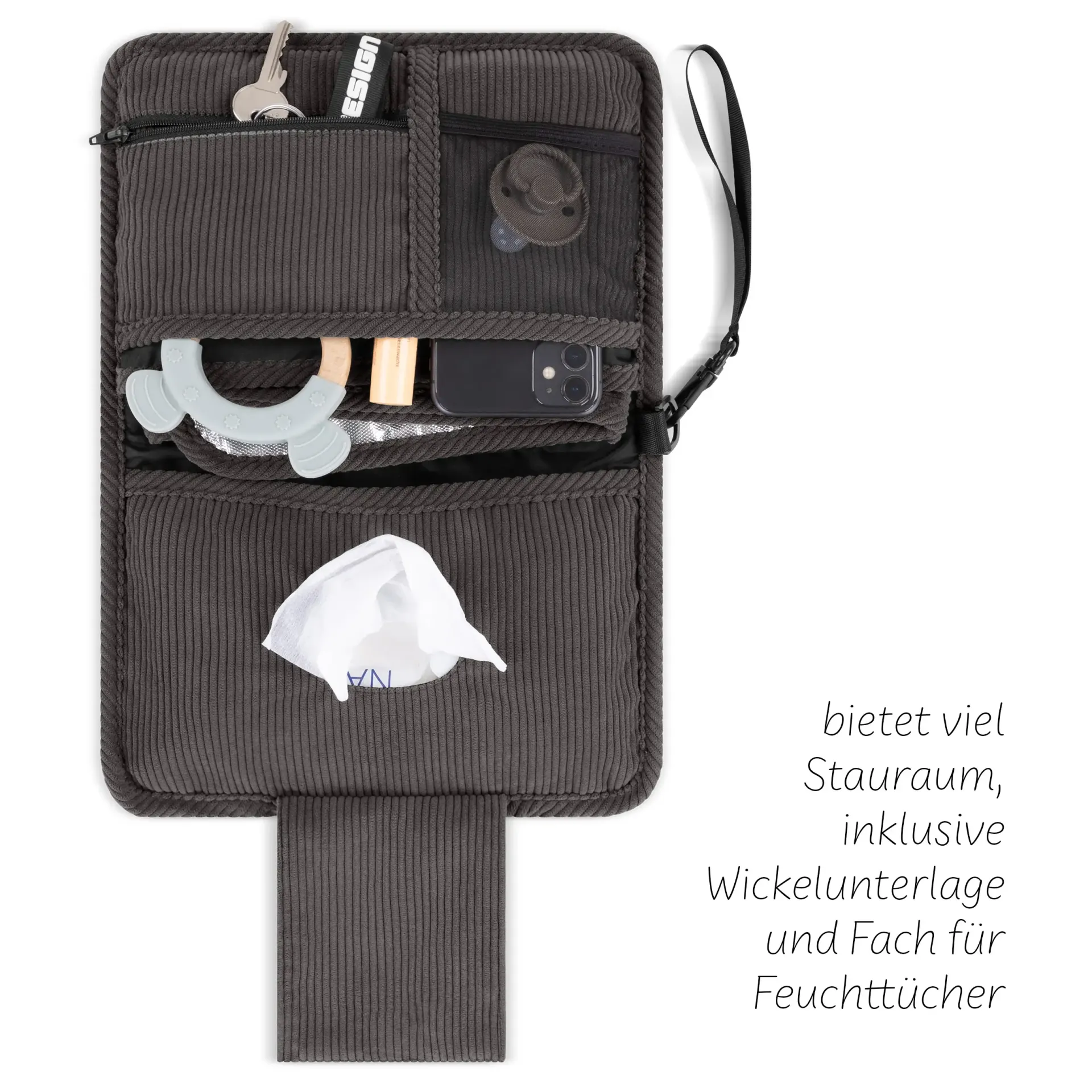 grauer  wickelorganizer mit feuchtetücherfach