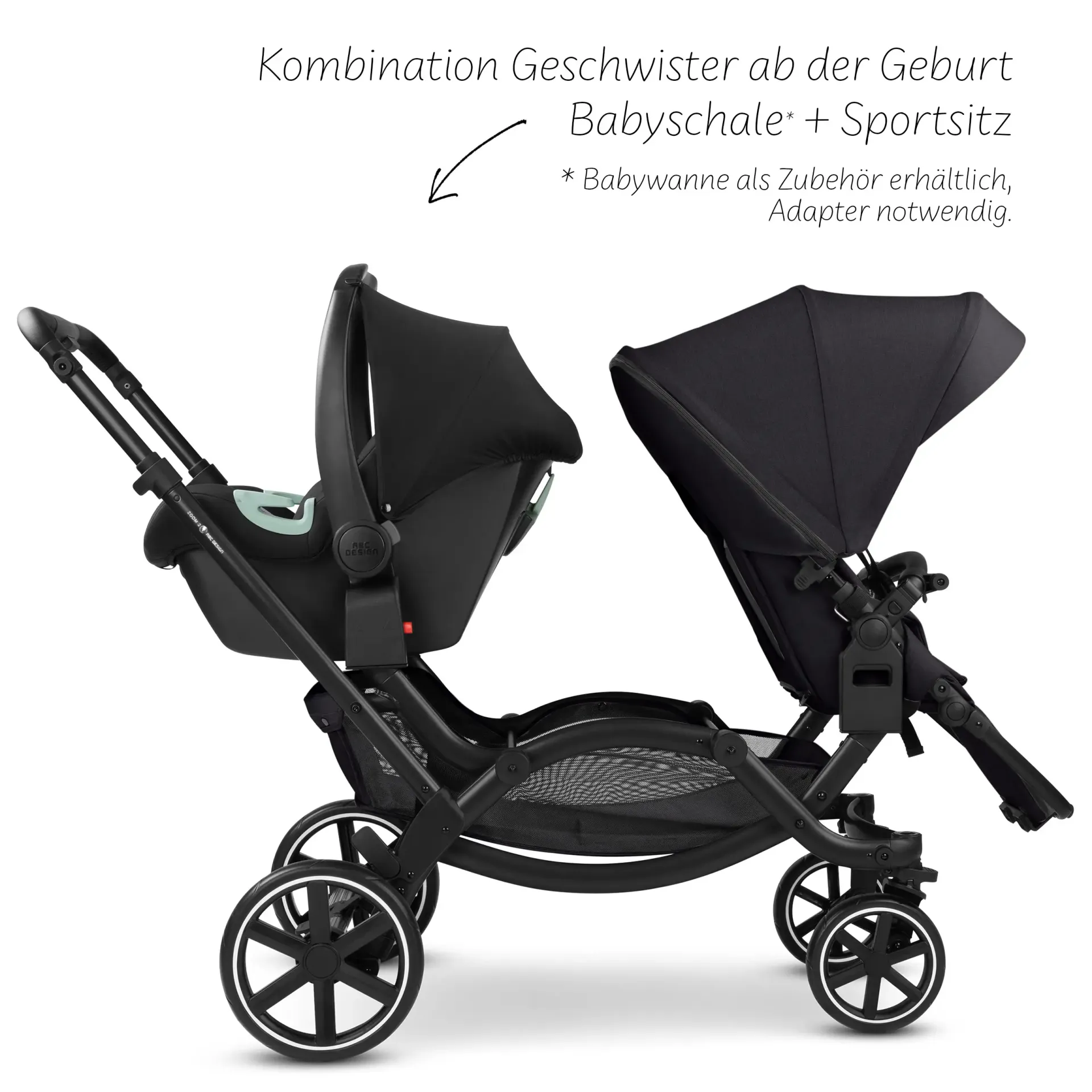 flexibler geschwisterwagen mit babyschale und sportsitz hintereinader