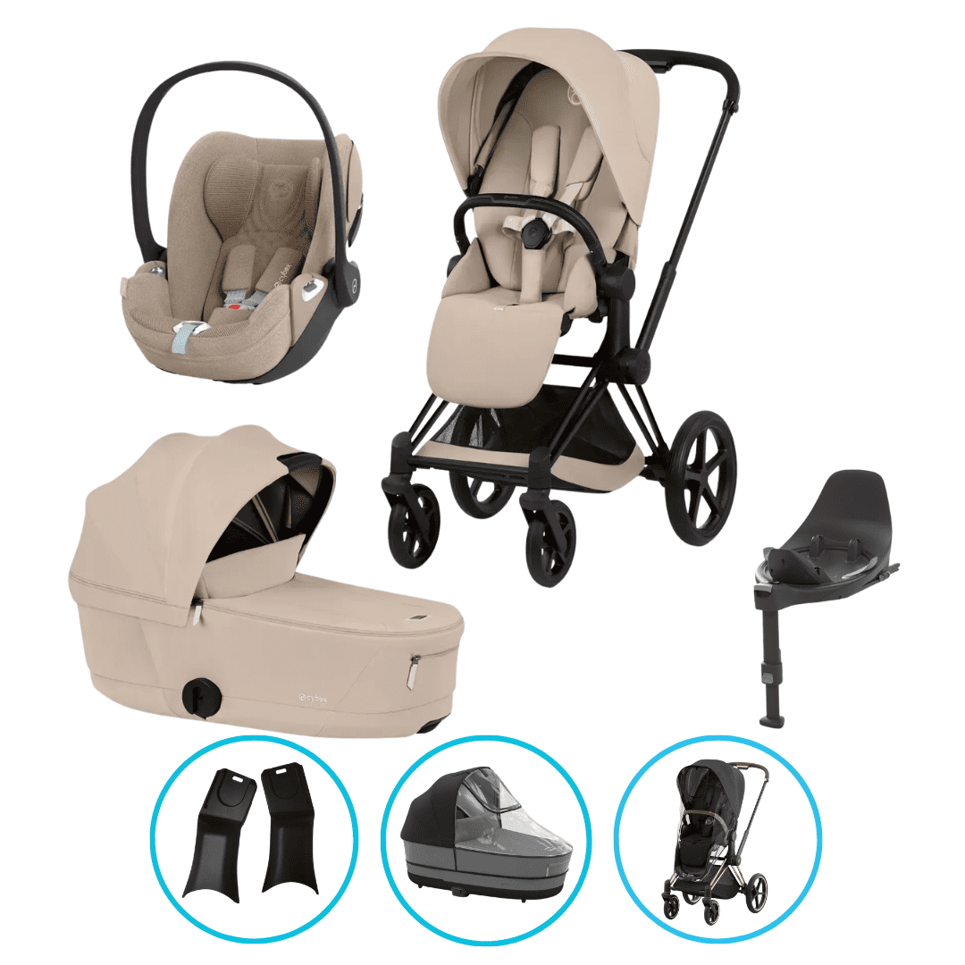 Cybex e-Priam Komfort Kinderwagen Set 4in1 Matt Black / Cozy Beige inkl. Cloud T Plus Cozy Beige und Base T