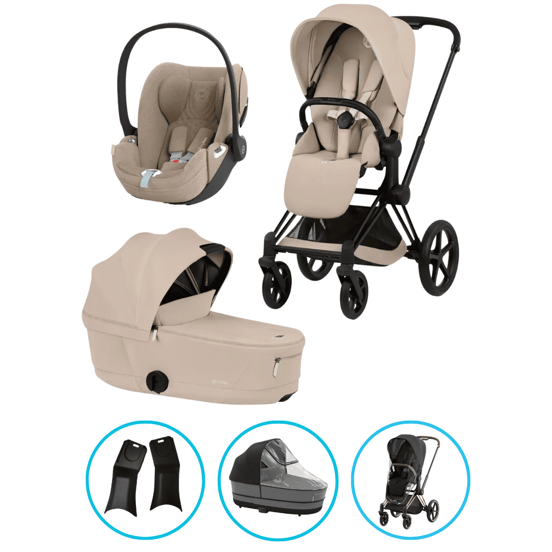Cybex e-Priam Komfort Kinderwagen Set 6in1 Matt Black / Cozy Beige inkl. Cloud T Plus Cozy Beige