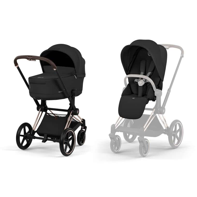 Cybex Priam Komfort Kinderwagen Set 4in1 Rosegold / Sepia Black inkl. Cloud T Plus Sepia Black und Base T